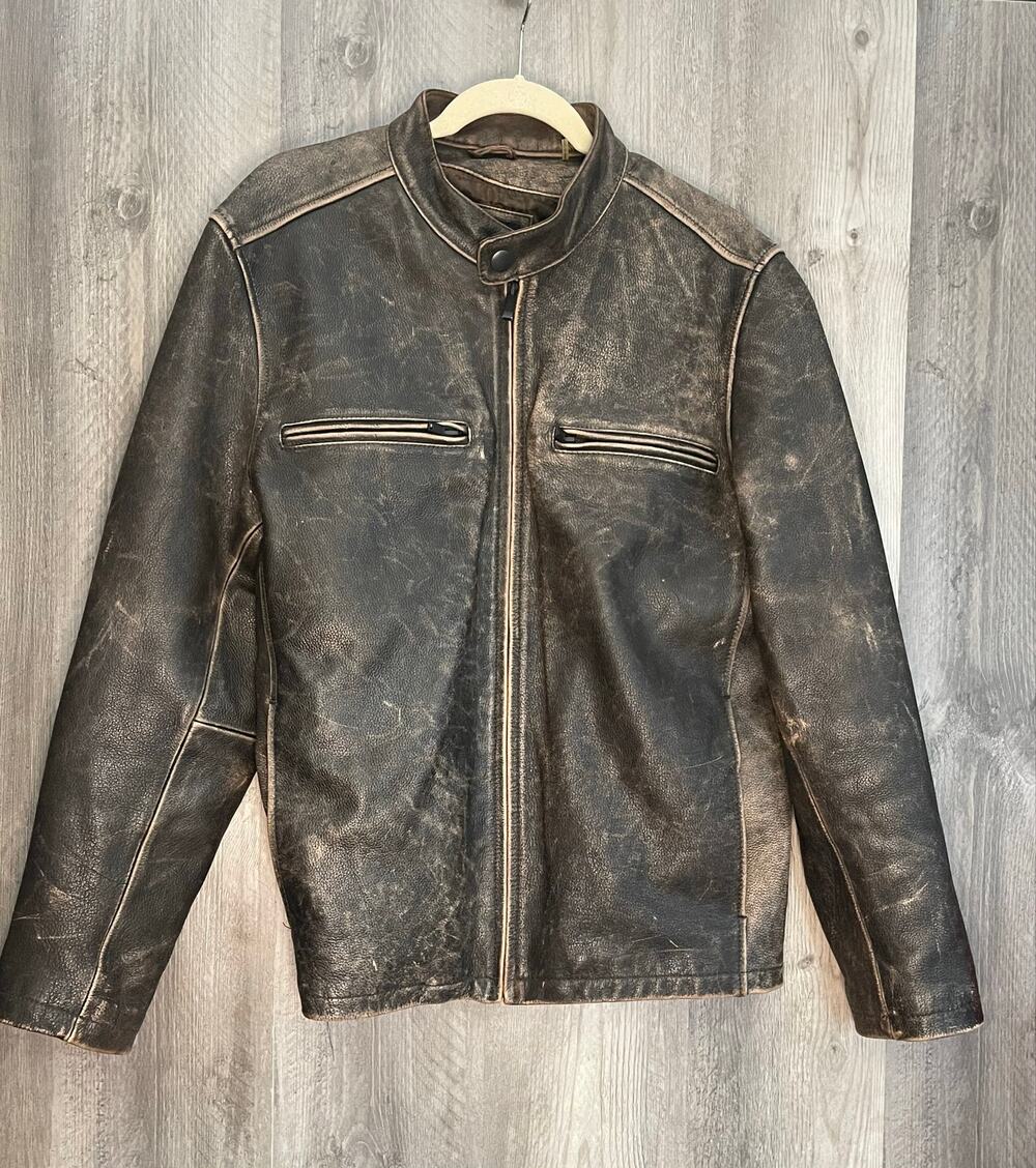 Black Rivet Mens L Genuine Leather Distressed Cafe Racer Moto Jacket Y2K Brown